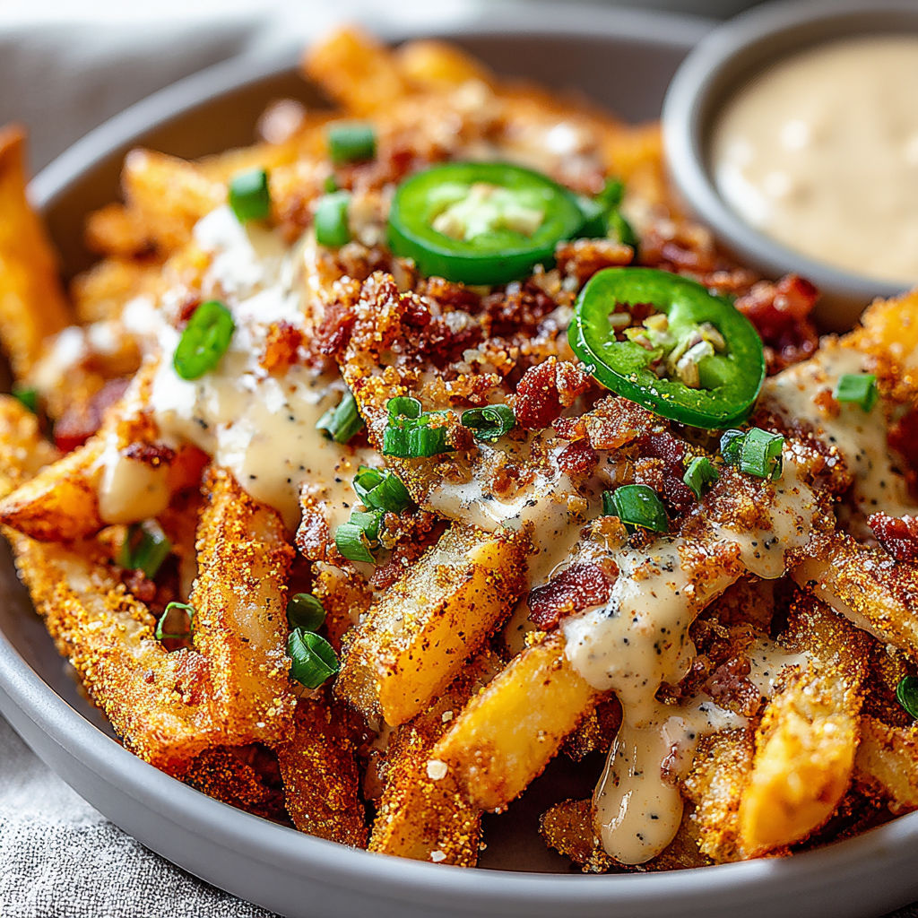A bowl of fries with cheese and jalapenos.