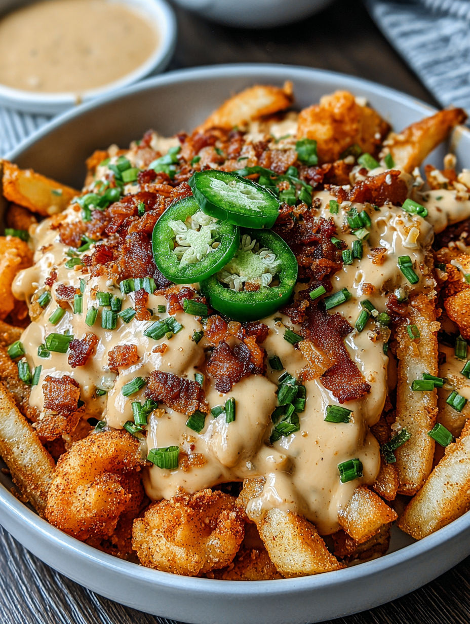 A bowl of fries with cheese and jalapenos.