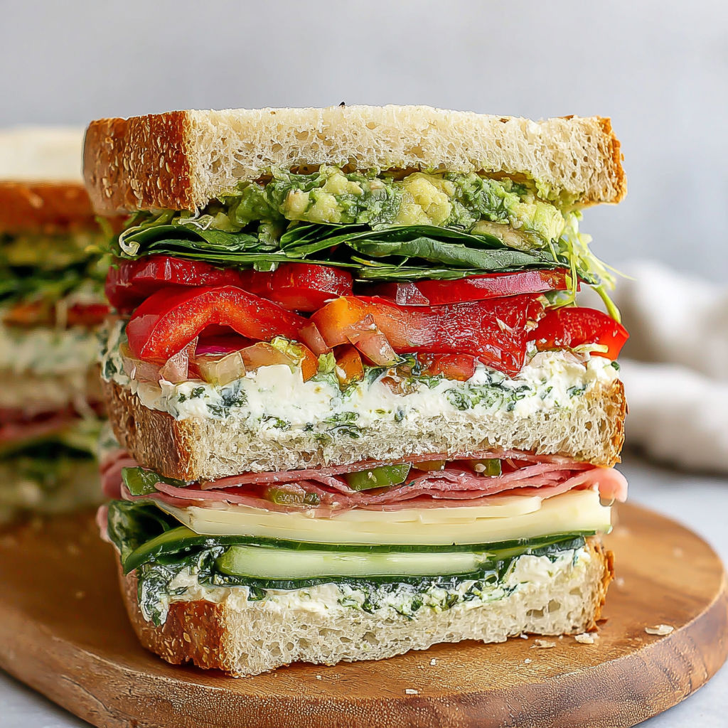 A sandwich with lettuce, tomato, avocado, and cheese.