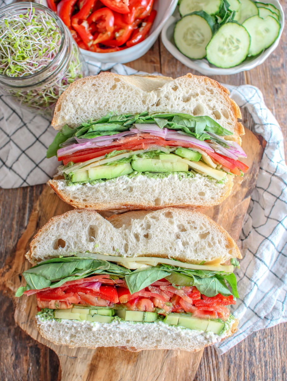 A sandwich with lettuce, tomato, cucumber, and avocado.
