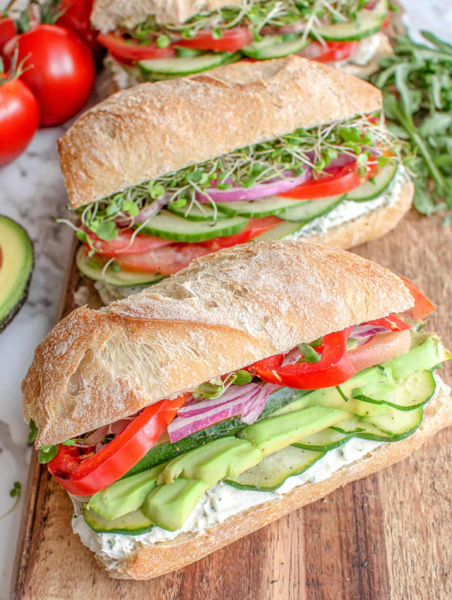 A sandwich with avocado, cucumber, tomato, and lettuce.