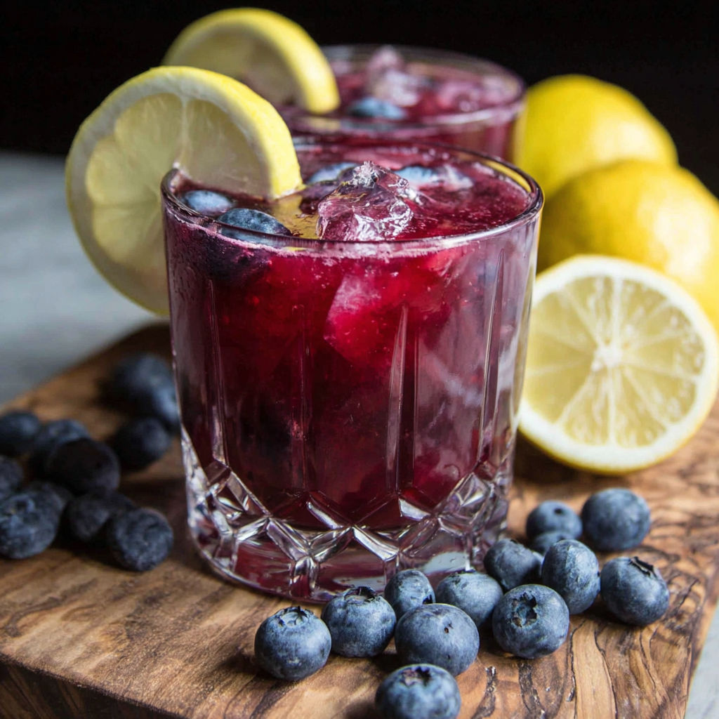 A glass of blueberry-lemon green tea with a slice of lemon and blueberries.