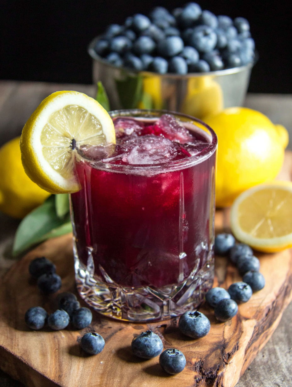 A glass of blueberry-lemon green tea with a slice of lemon on the side.
