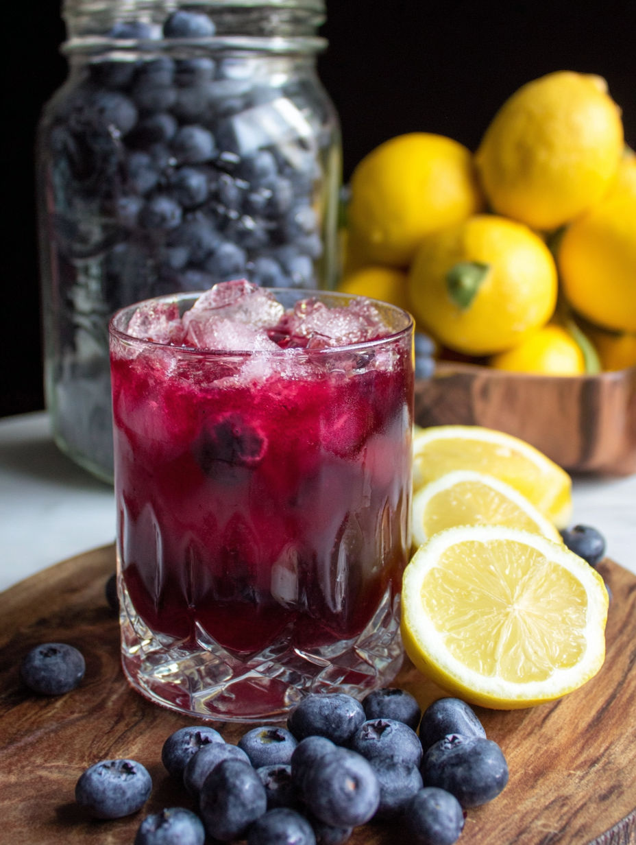A glass of blueberry-lemon green tea with a slice of lemon and blueberries.