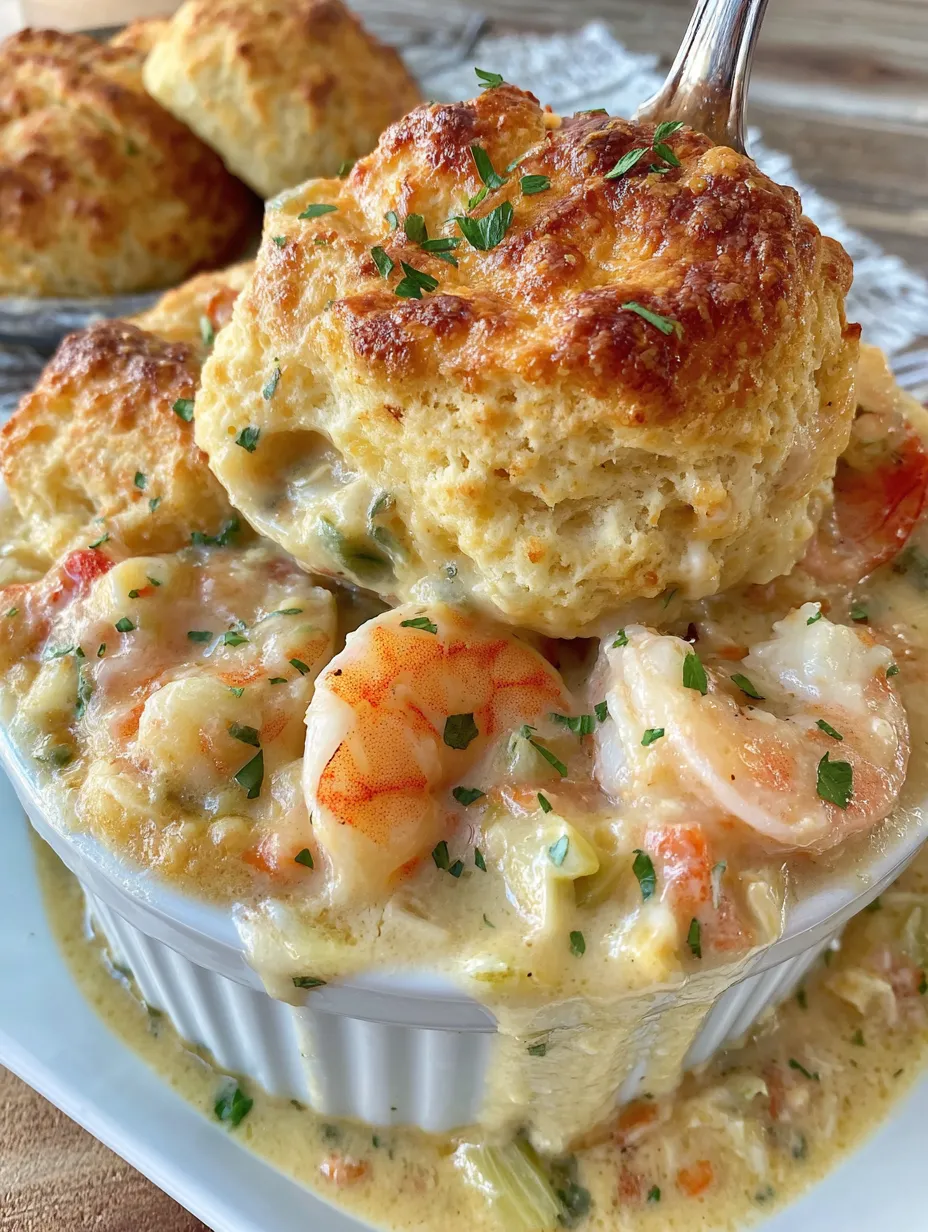 A bowl packed with seafood pot pie and golden biscuits on top.