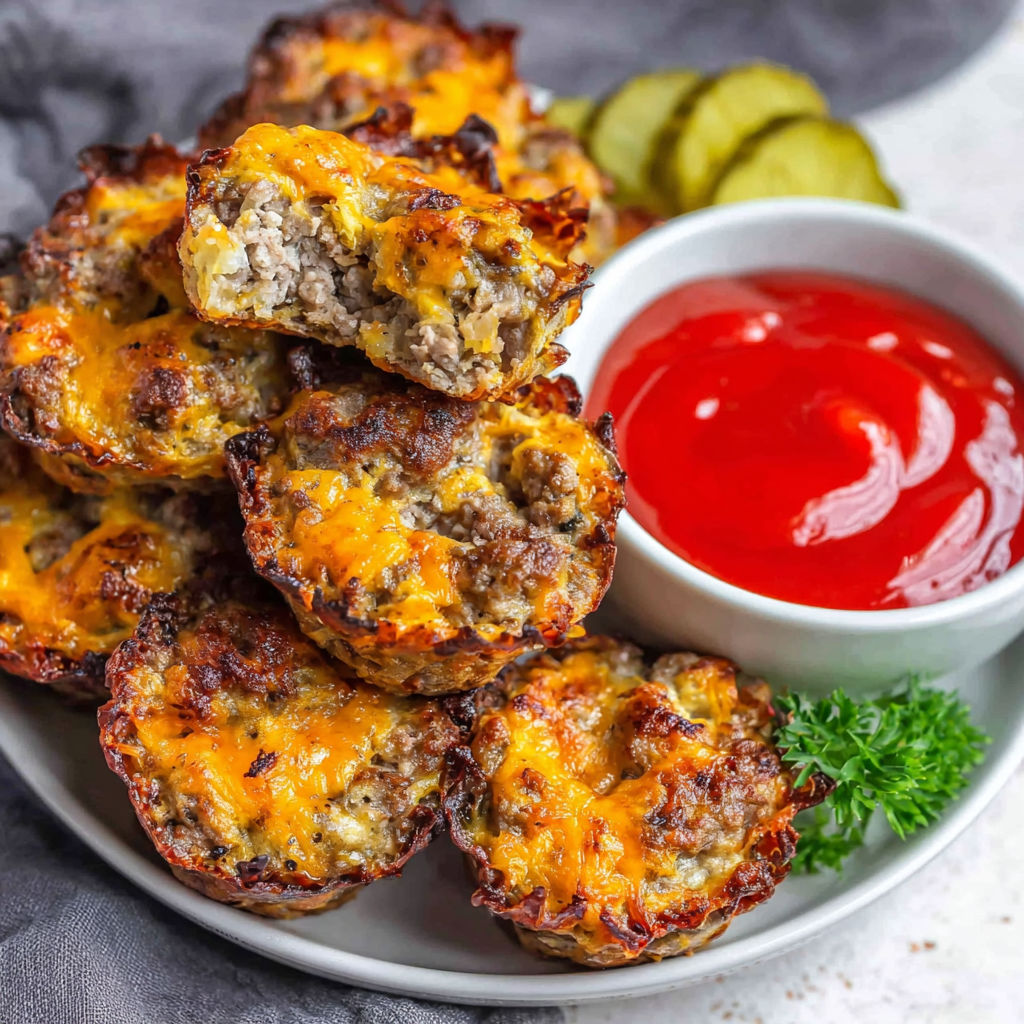 A plate of cheeseburger bites with a side of ketchup.