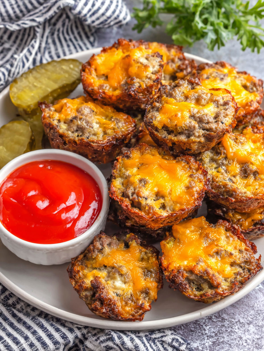 A plate of cheeseburger bites with a side of pickles.