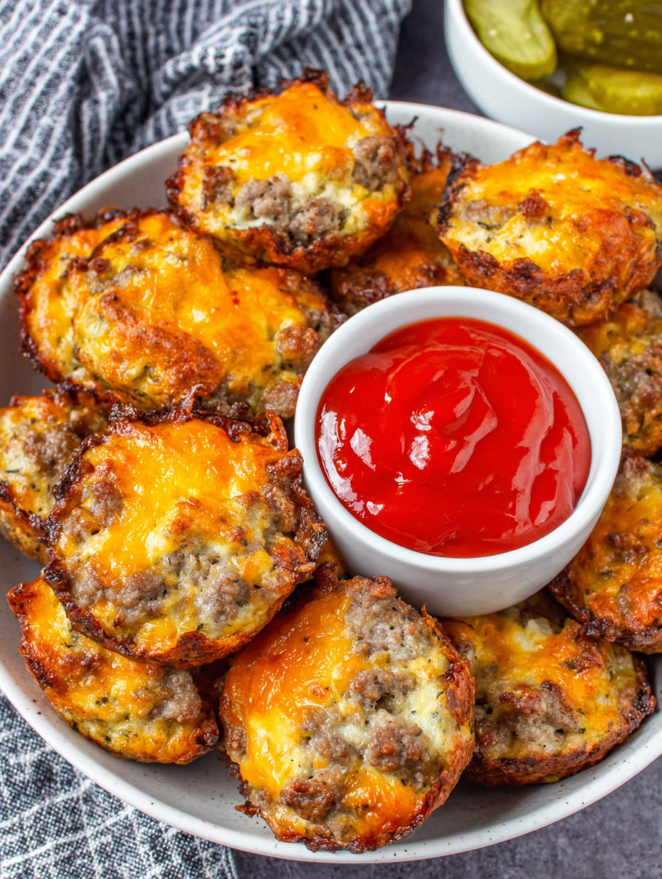 A bowl of cheeseburger bites with a side of ketchup.