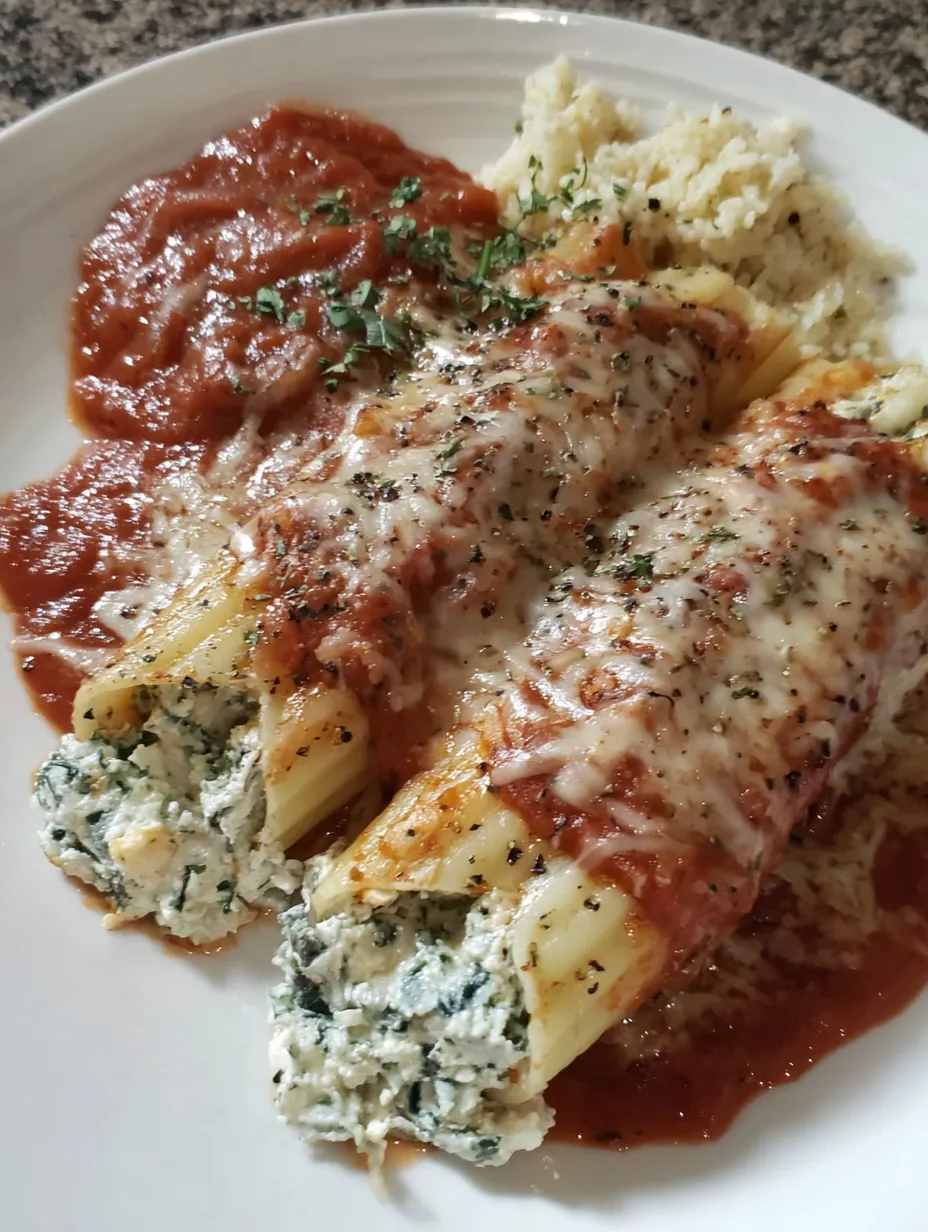 Dinner plate with spinach and cheese manicotti.