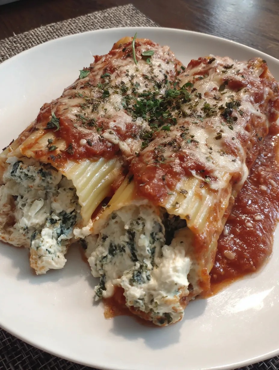 A plate showing spinach and cheese manicotti.