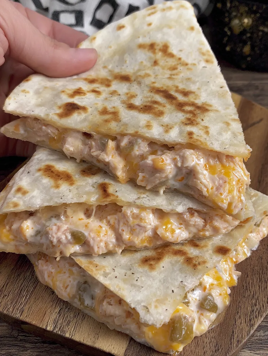 Three cheesy chicken quesadillas stacked up.