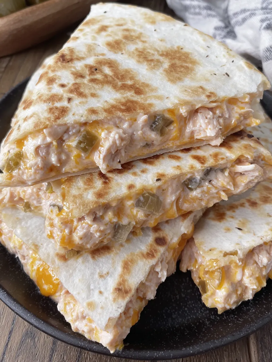 Stacked cheesy chicken quesadillas.