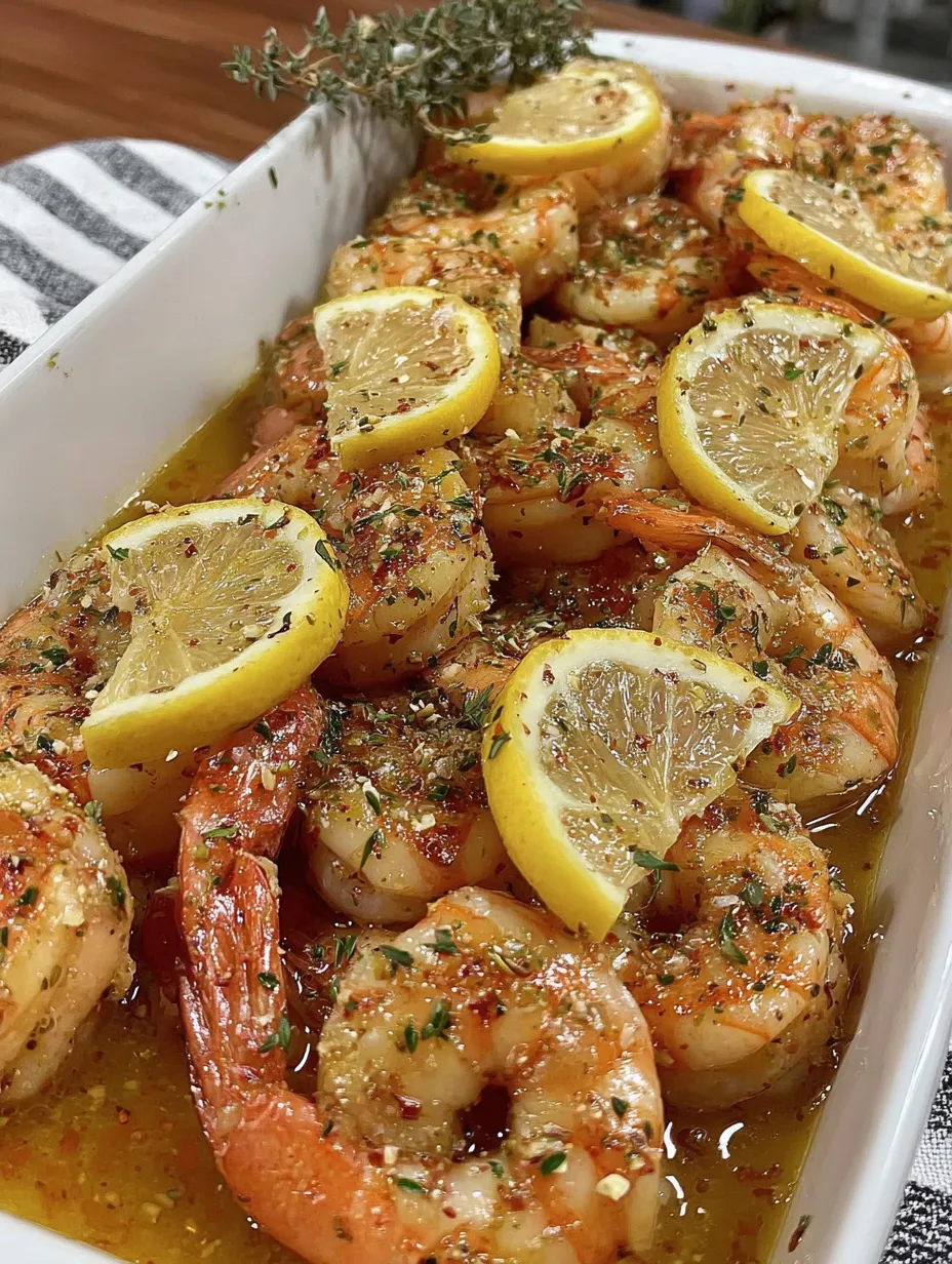 Baked Italian shrimp sitting on a bed of lemon slices.