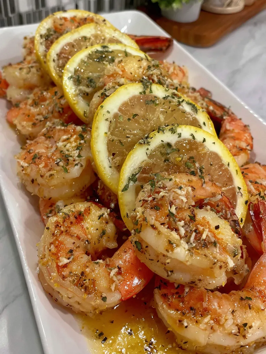 Juicy baked Italian shrimp with tons of lemon and herbs on a plate.