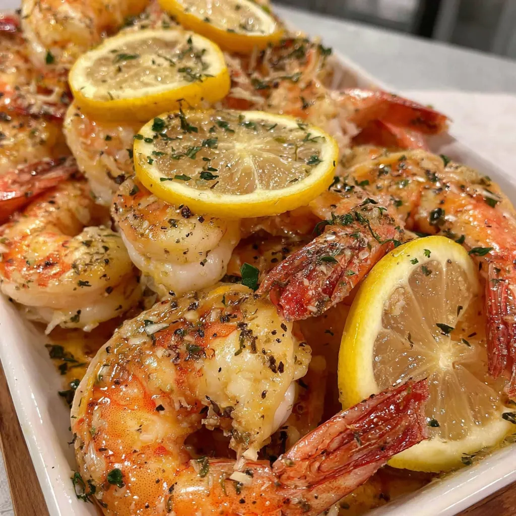 A dish of shrimp topped with lemon slices and herbs.