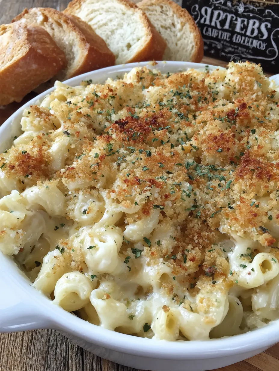 A scoop of cheesy baked mac and cheese in a bowl with bread on the side.