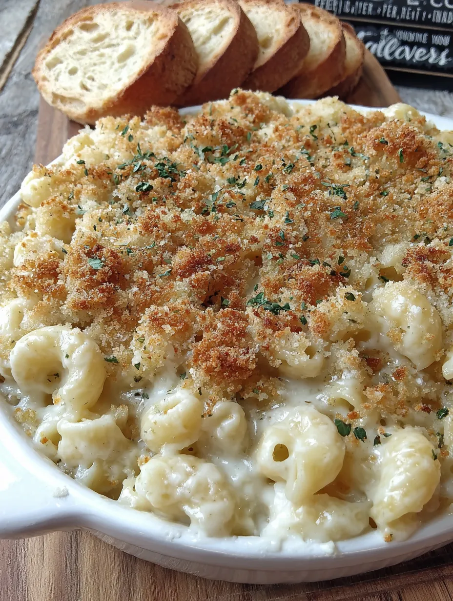 Mac and cheese piled high in a bowl with a crumb topping.