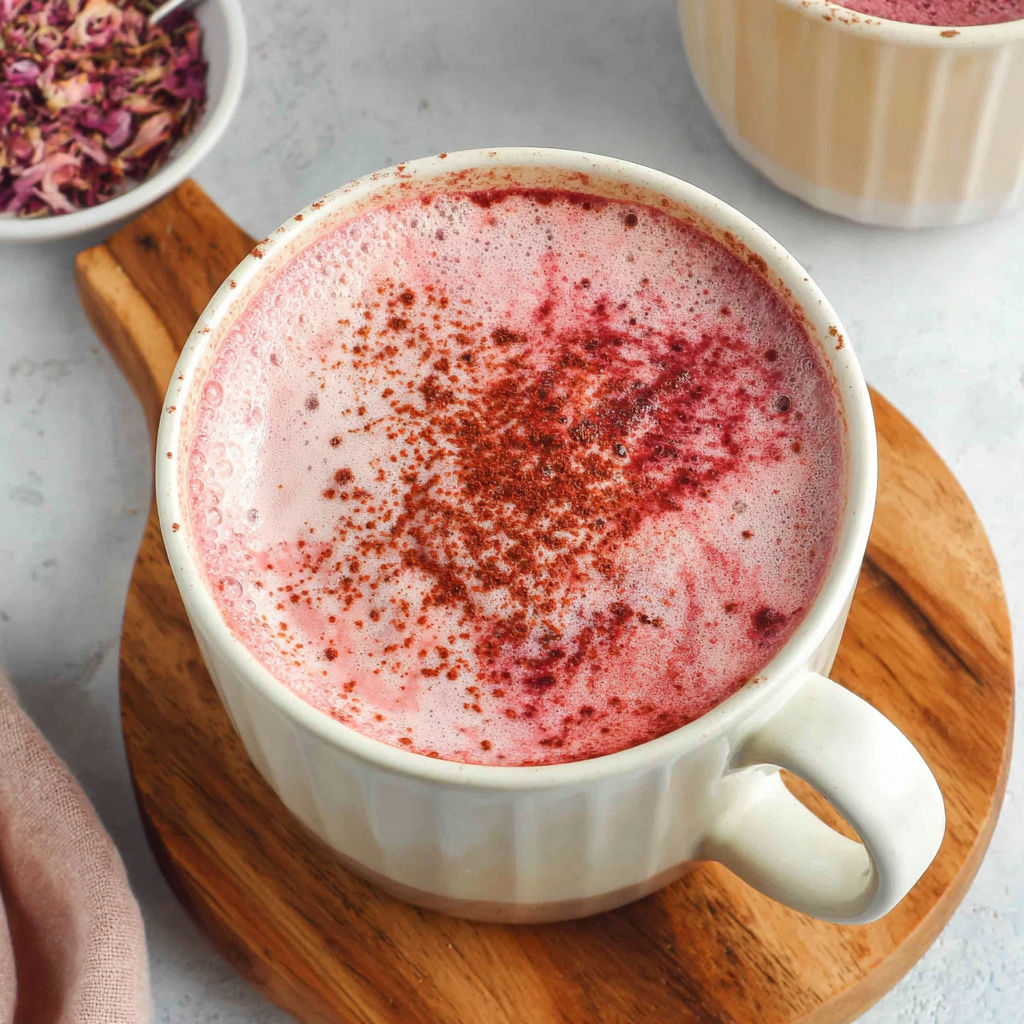 A cup of pink latte with red sprinkles.