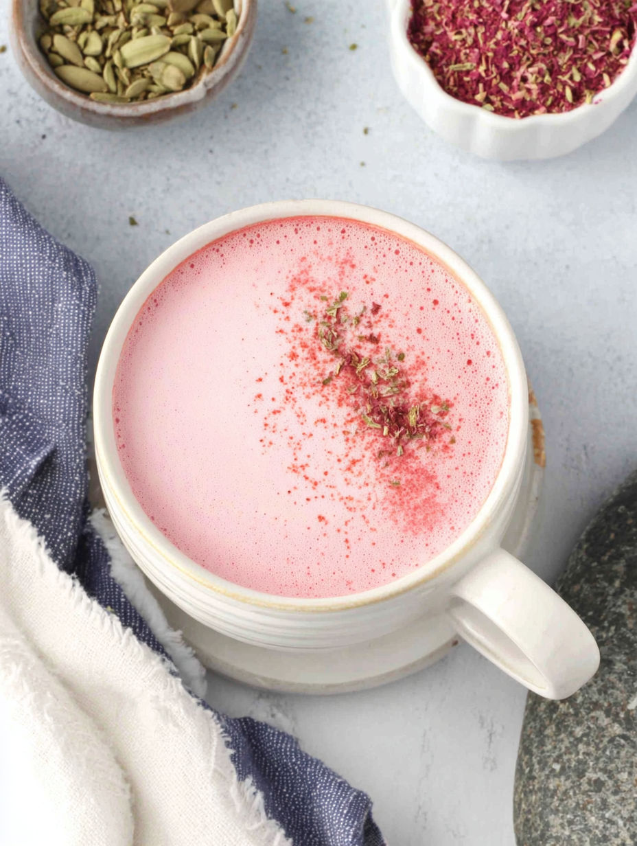 A pink drink topped with red sprinkles.