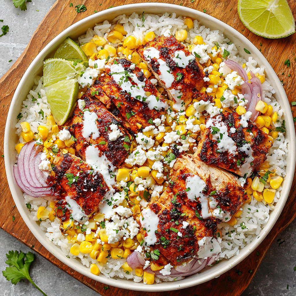 A plate of food with rice, chicken, corn, and onions.