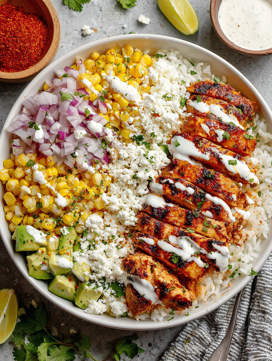 A delicious street corn chicken rice bowl.