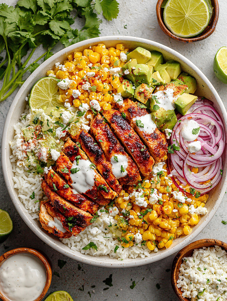 A delicious street corn chicken rice bowl.