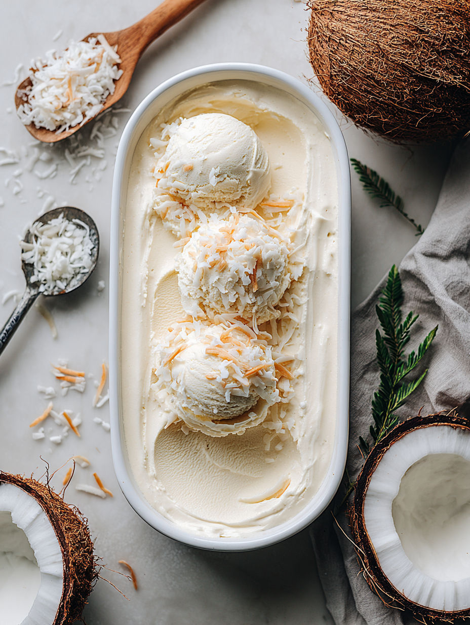 A white bowl filled with coconut ice cream.