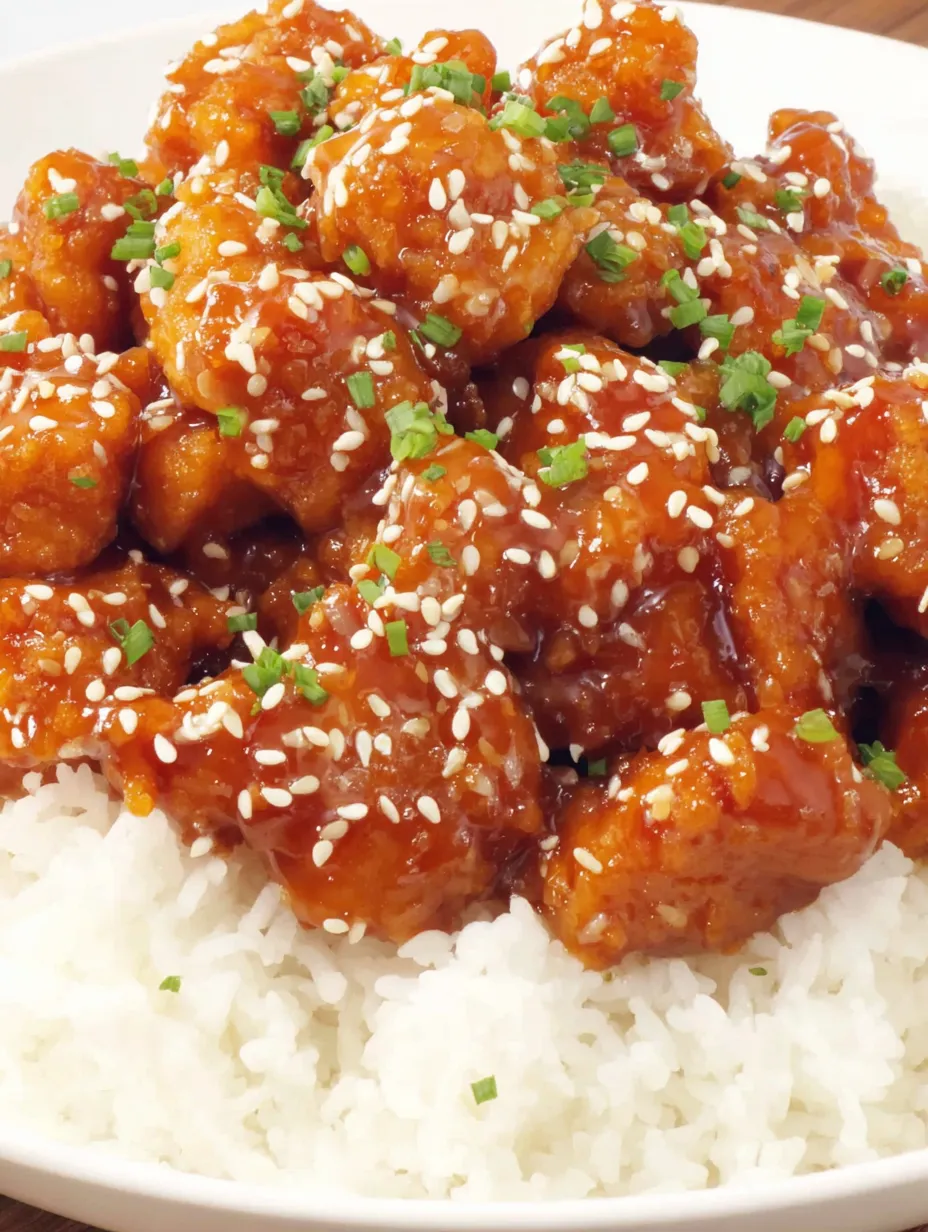 Sesame chicken piled on warm rice.