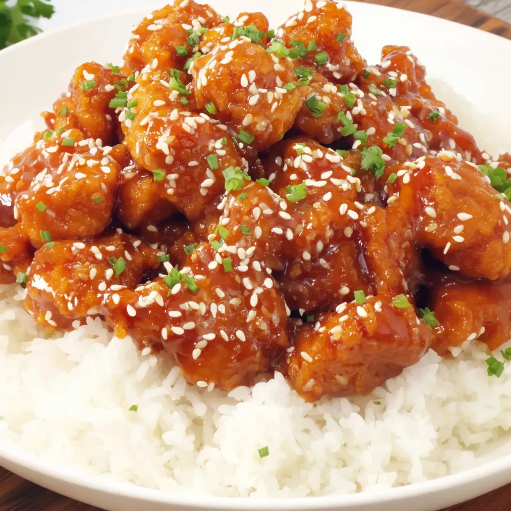 A plate of crispy Sesame Chicken with rice.