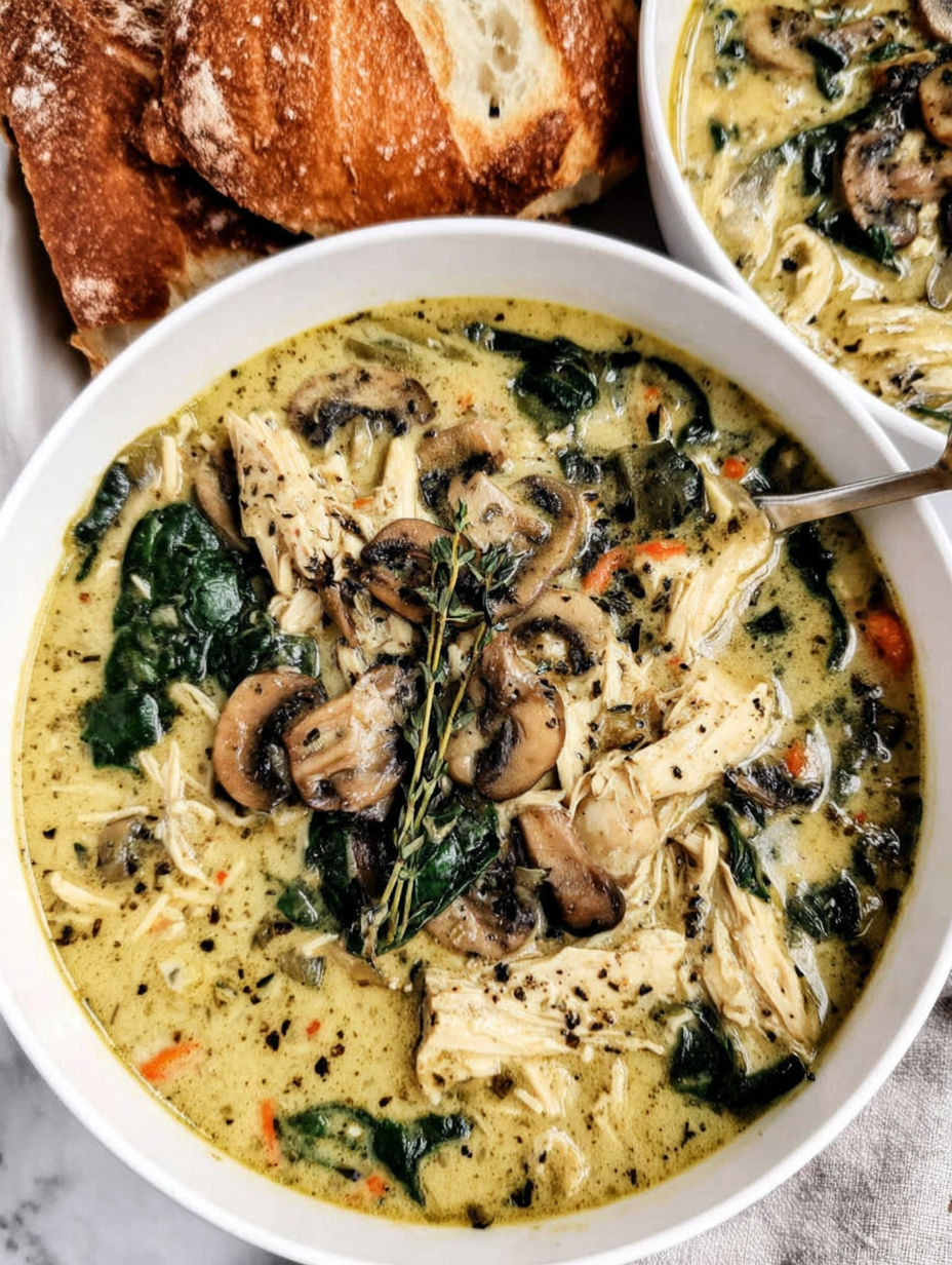 A bowl of soup with mushrooms and chicken.