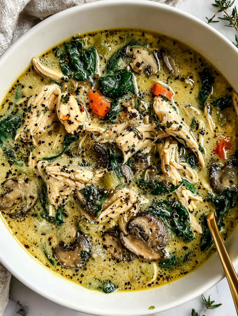 A bowl of soup with chicken, mushrooms, and spinach.