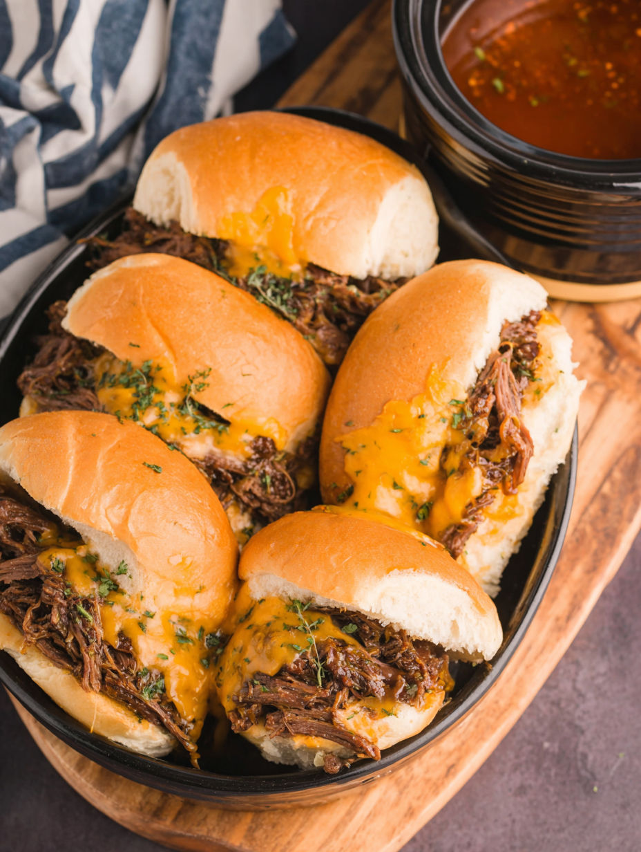 A plate of slow cooker beef and cheddar sandwiches.