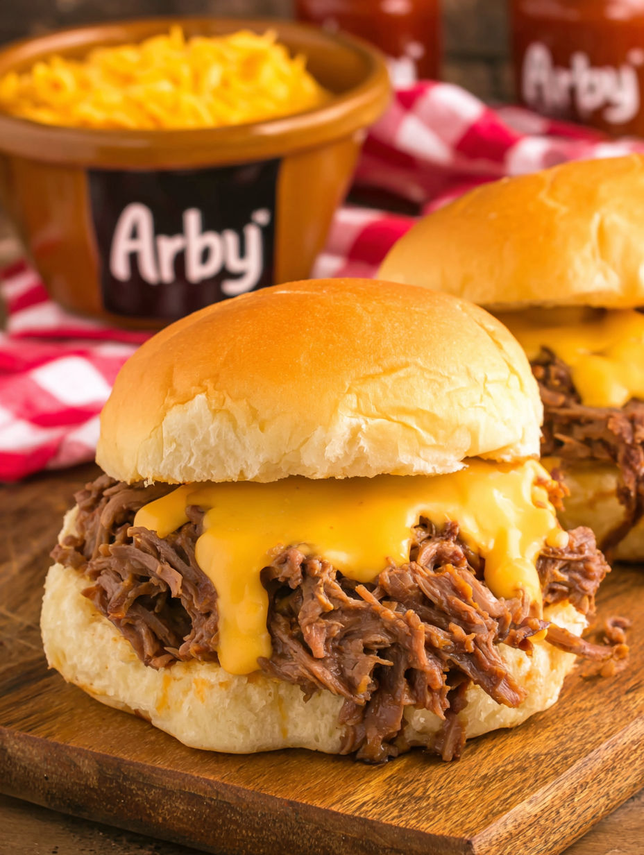 Two slow cooker beef and cheddar sandwiches.