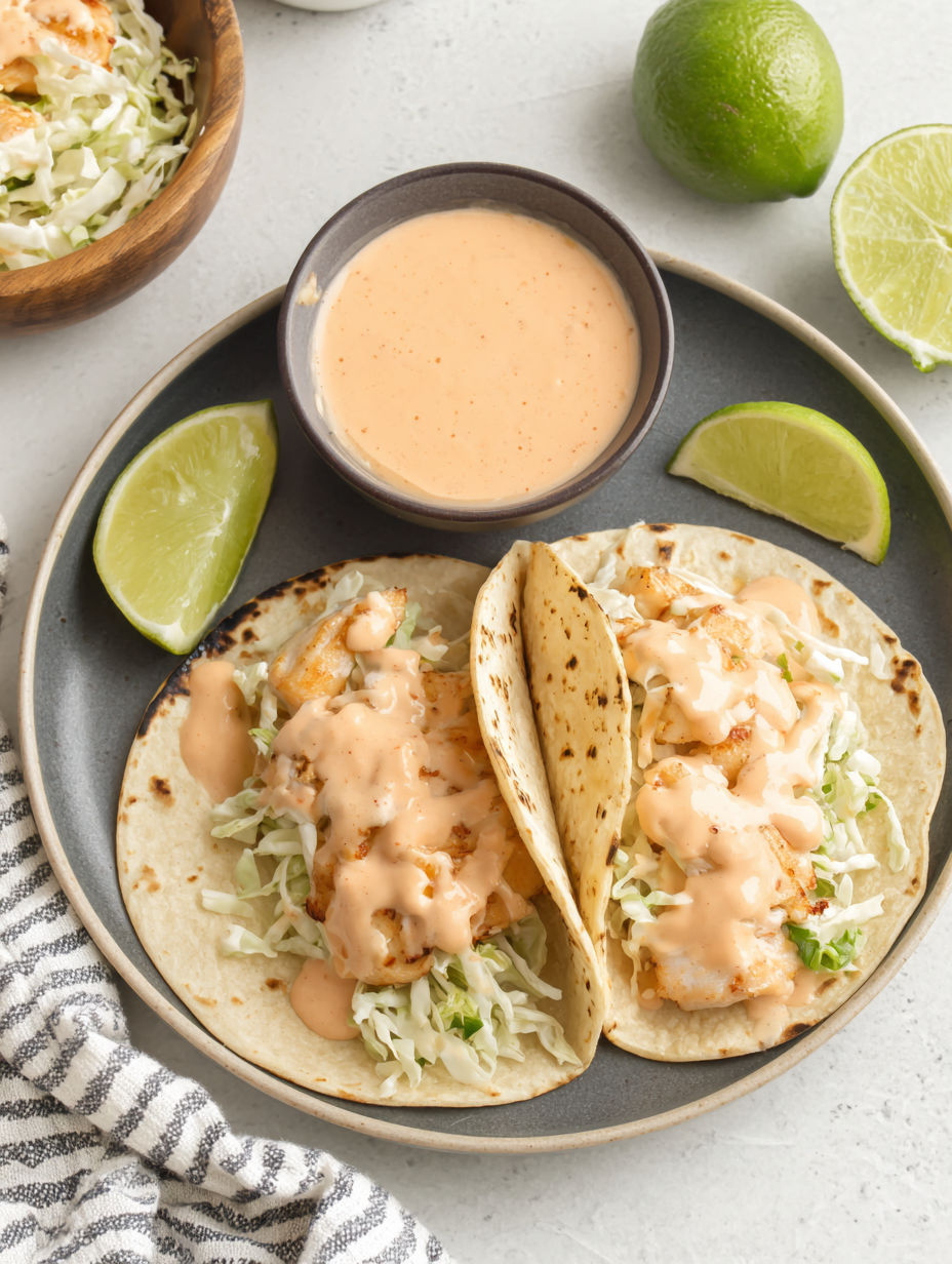 Two fish tacos with sauce on a plate.