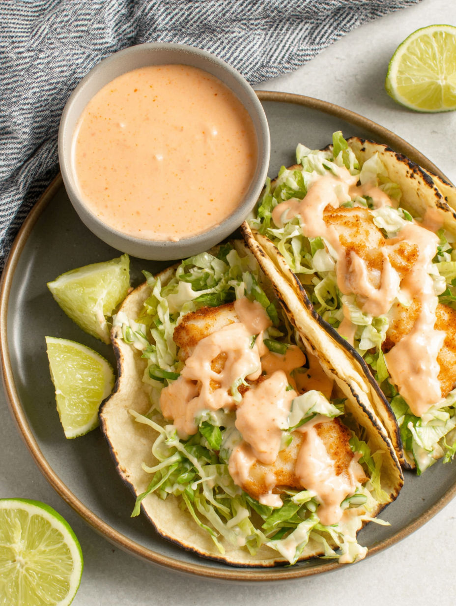 A plate of fish tacos with a side of sauce.