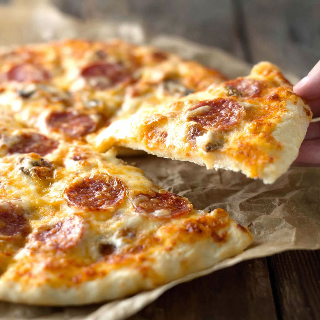 A slice of pizza is being held by a hand.