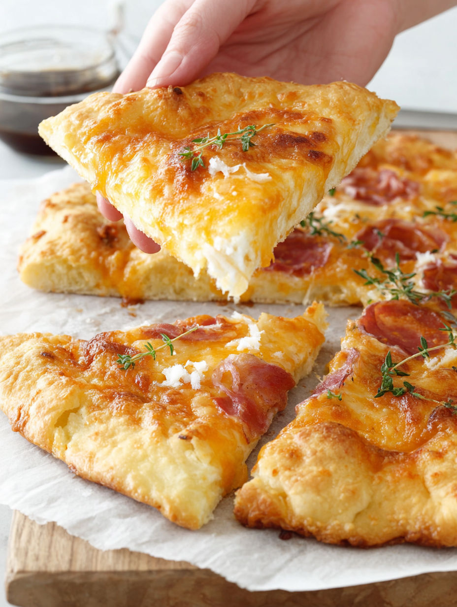 A slice of pizza is being held up by a person.