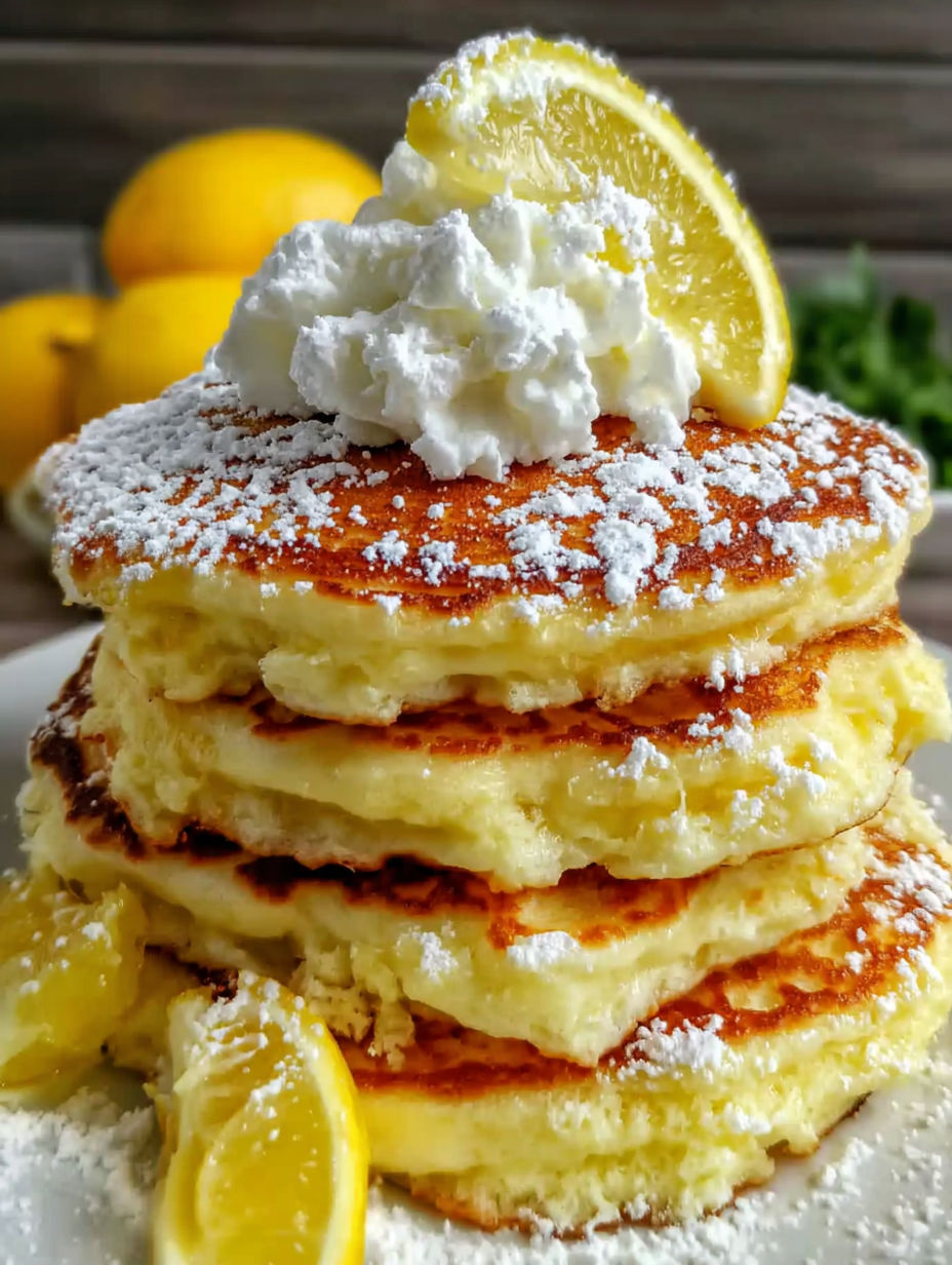 Lemon Ricotta Pancakes stacked on a plate.