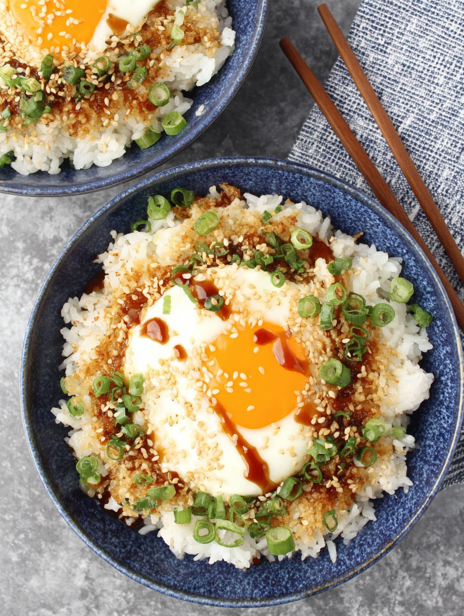 A bowl of rice topped with an egg.