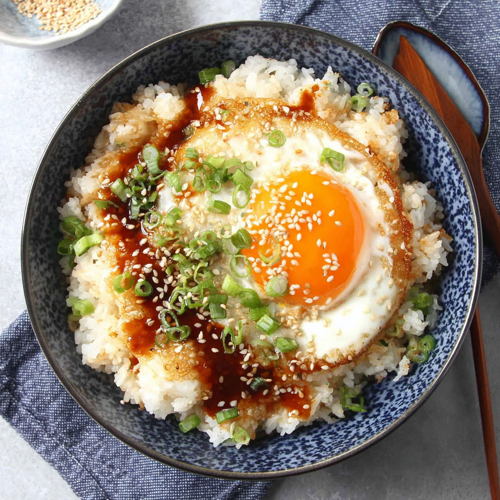 A bowl of rice with an egg on top.