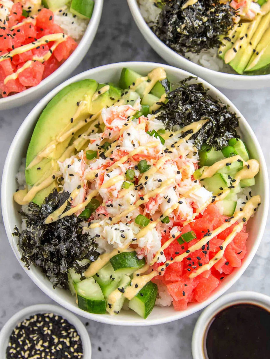 A bowl of sushi featuring rice, avocado, cucumber, and seafood.