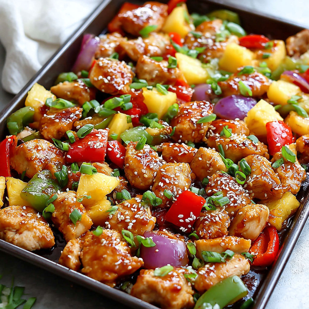 A colorful pan of chicken with pineapple, peppers, and onions.