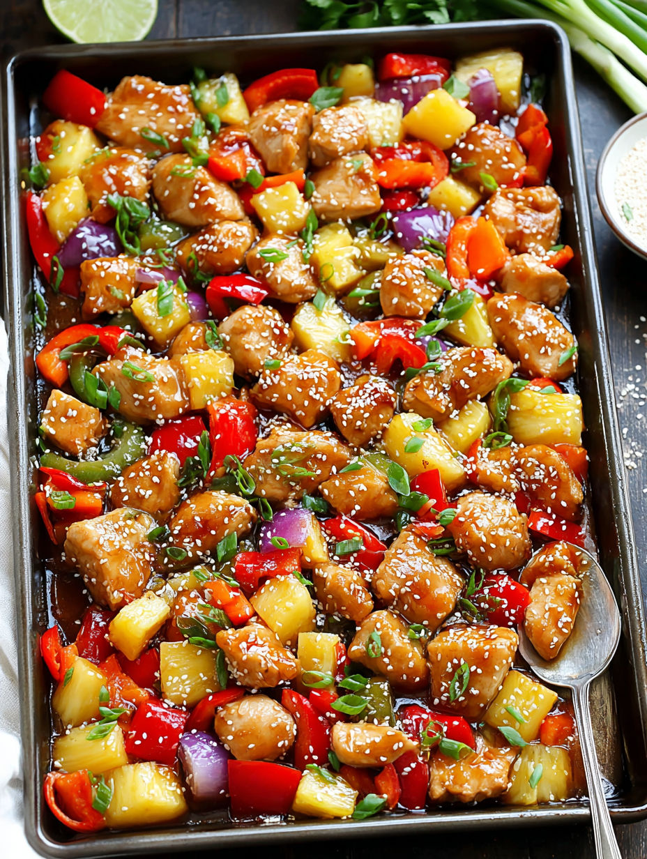 An appetizing Hawaiian chicken dish surrounded by a medley of vegetables.