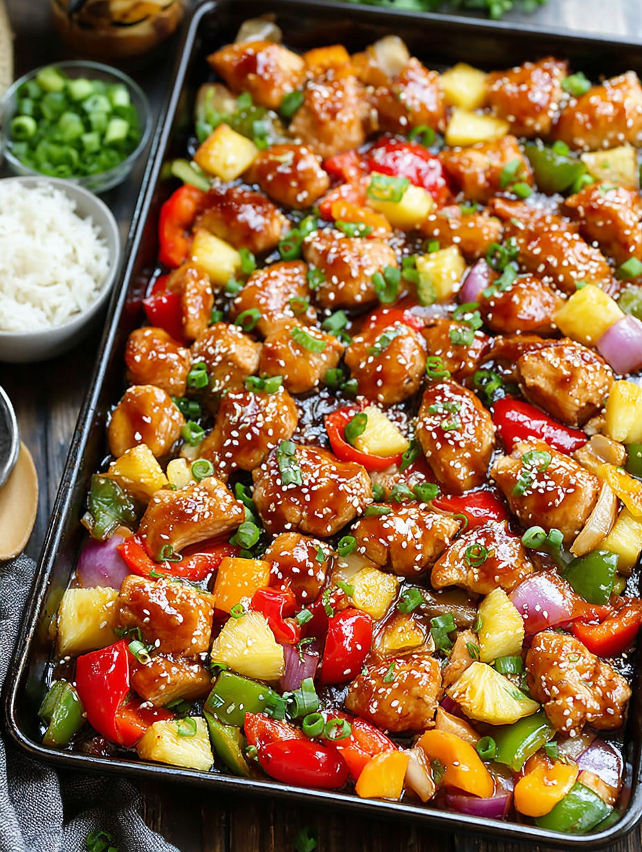 A vibrant pan of chicken with peppers and onions.