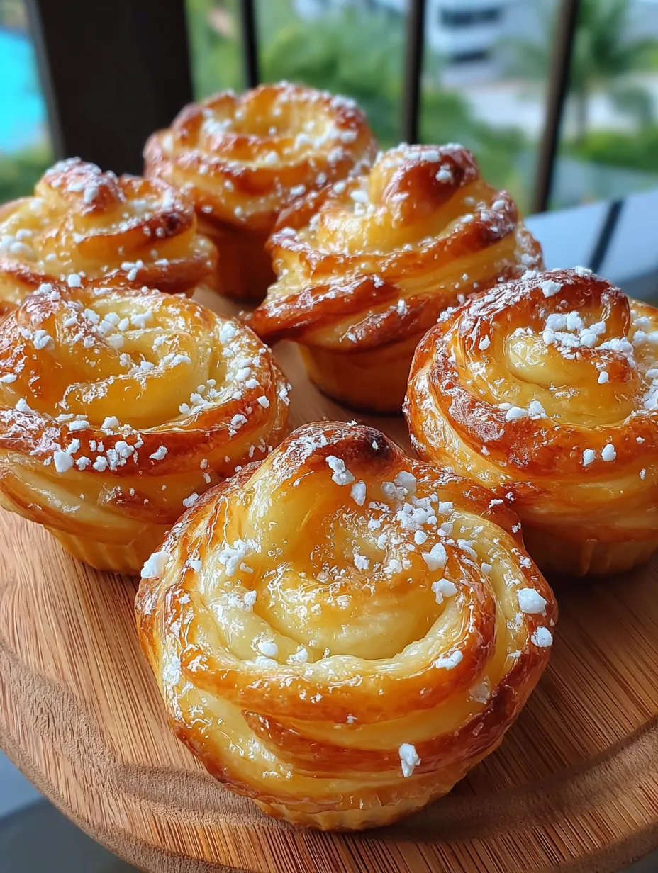 Peach Pie Cruffins on a wooden table.
