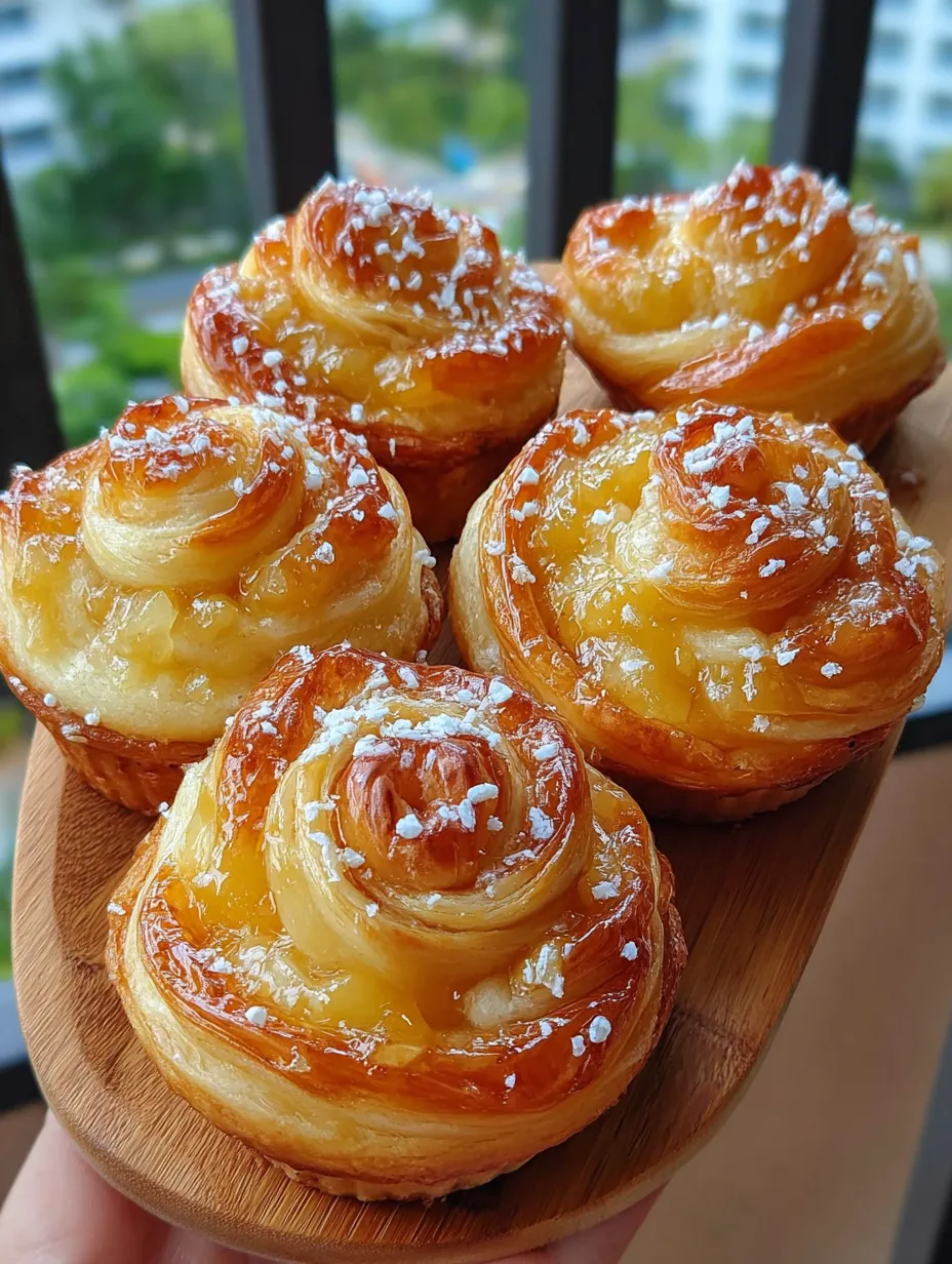 Peach Pie Cruffins on a wooden platter.