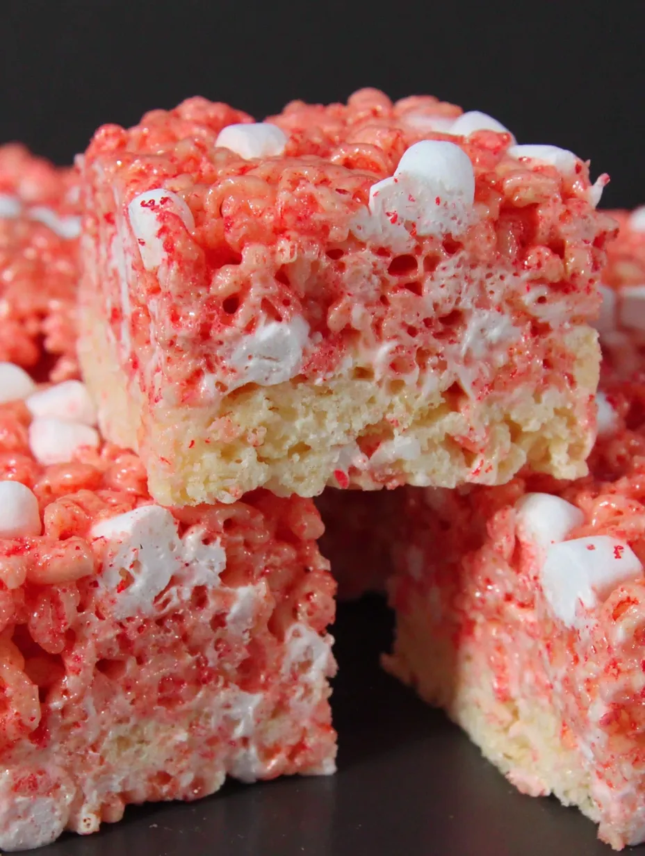 A close up of a red and white dessert.