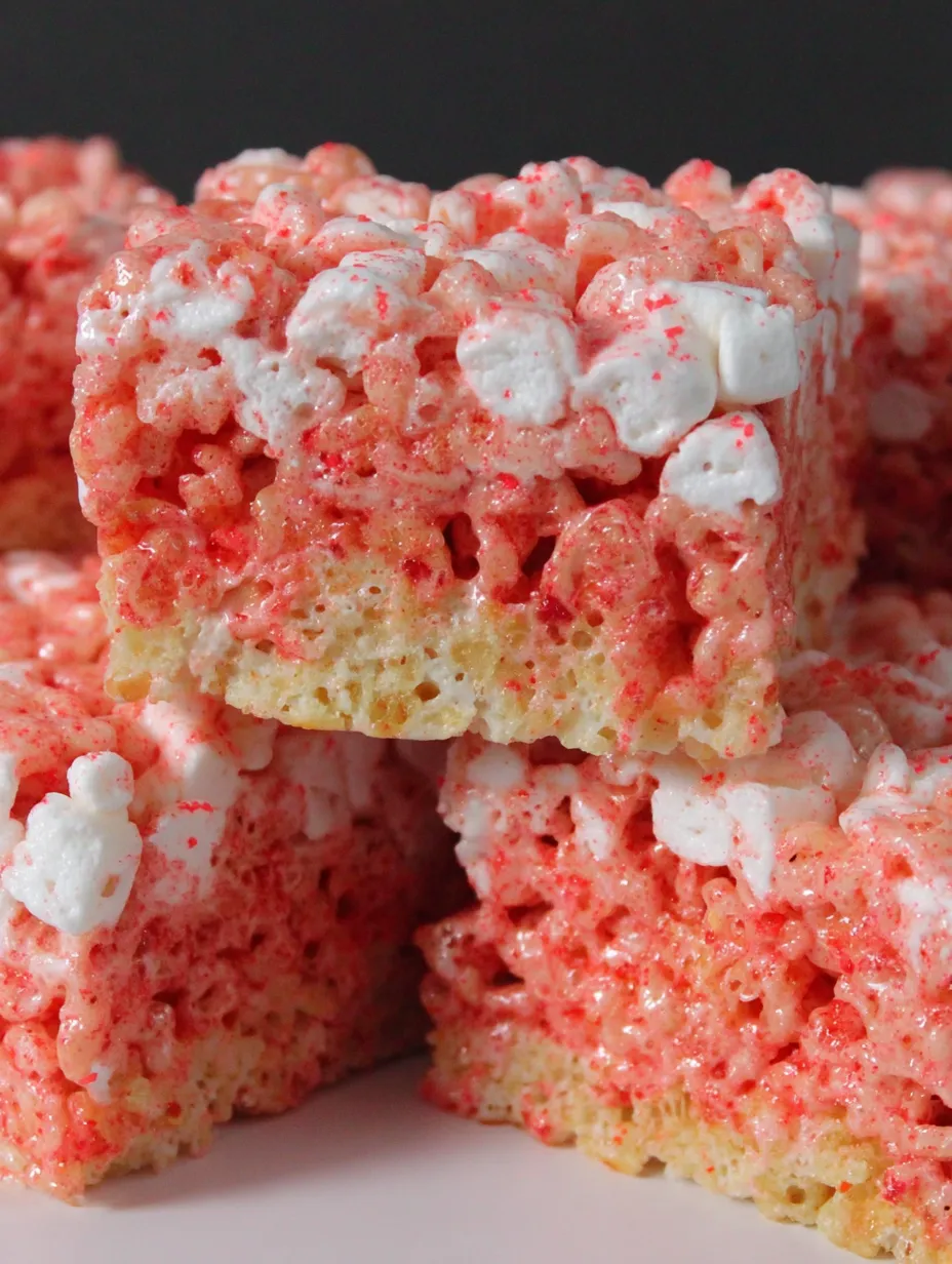 A close up of a strawberry crunch rice krispie treat.