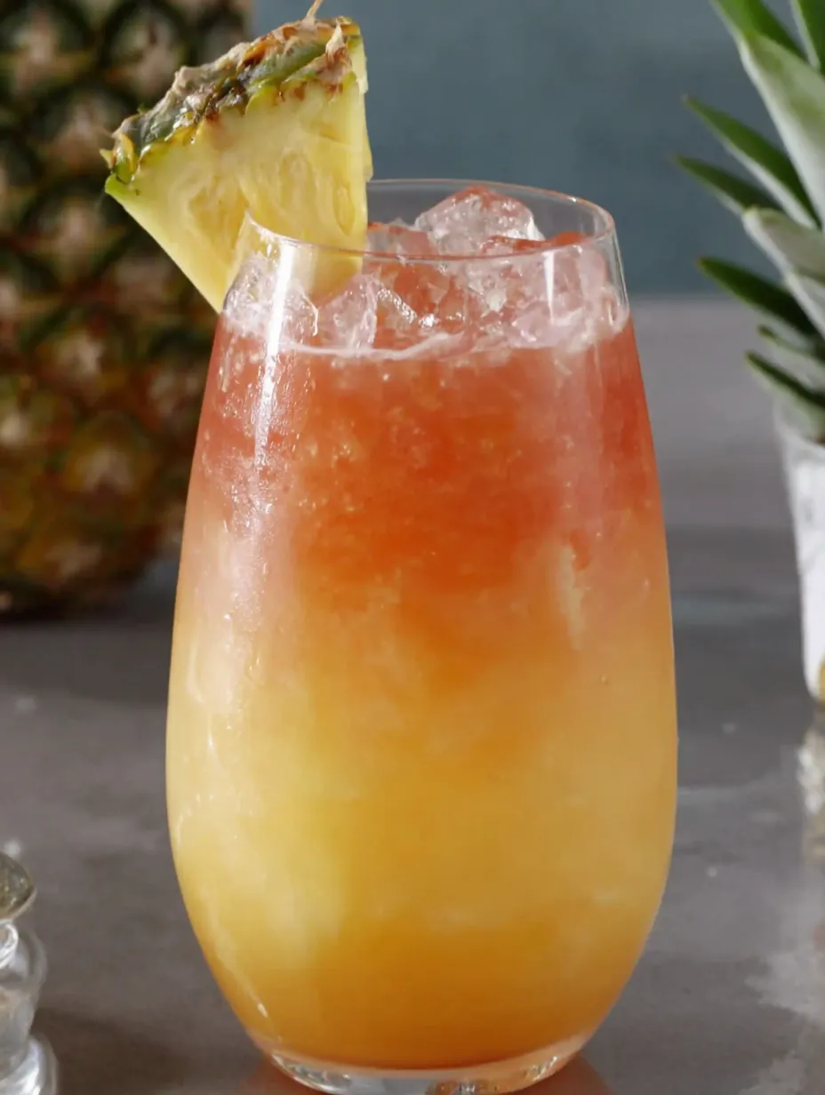 A glass of a yellow drink with a pineapple wedge in it.