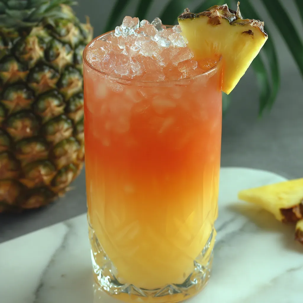 A glass of a Bahama Mama cocktail with a pineapple slice on the side.